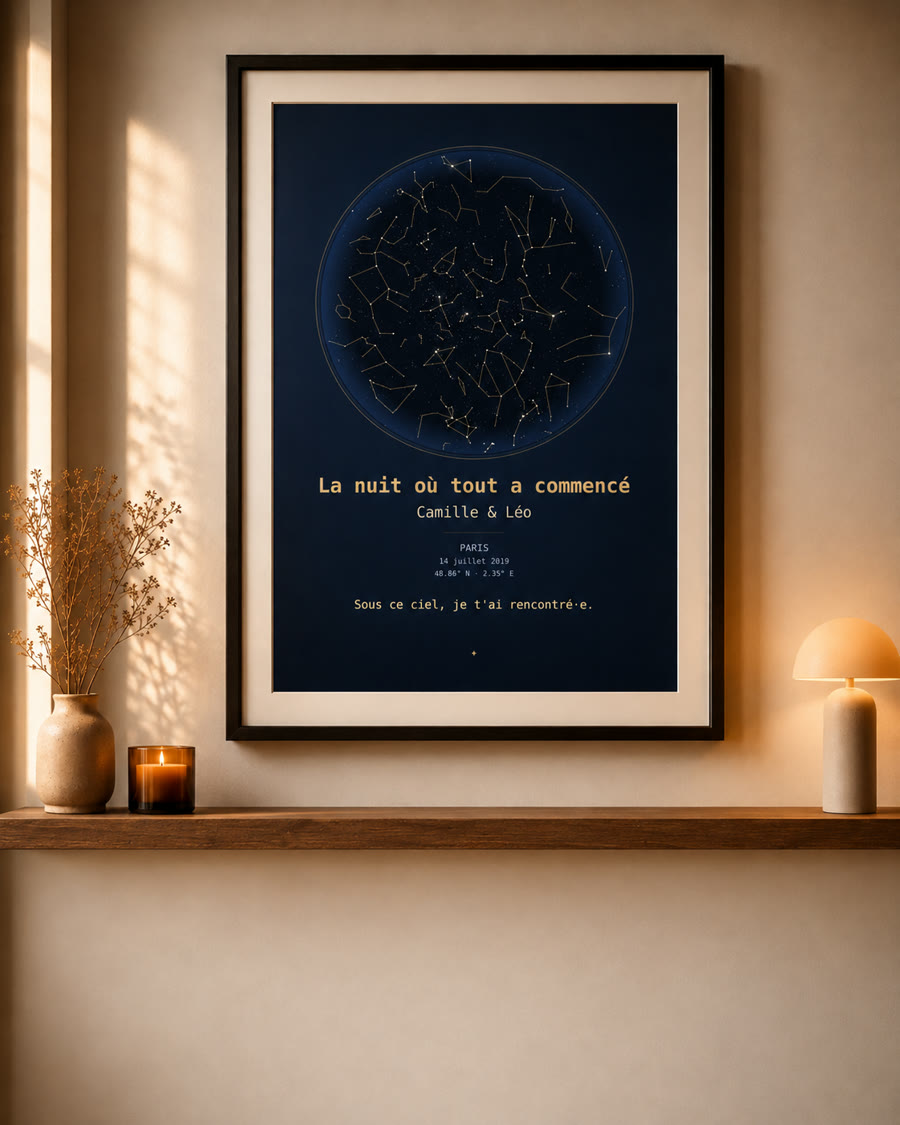 Affiche Notre Ciel personnalisée, encadrée dans un salon